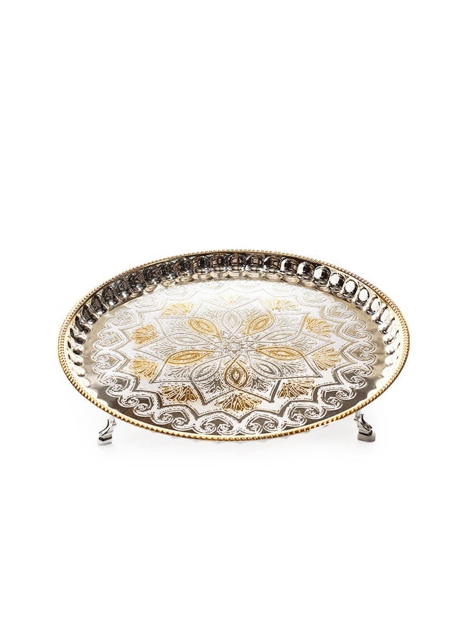 Si Bonne Luxury Round Decorative Tray with Gold Floral Engraving and Metal Legs - Image 1